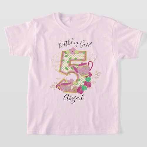 Five Tea Party Birthday Girl  Floral T_Shirt