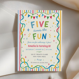 Five Times The Fun Colorful Girl 5th Birthday Invitation