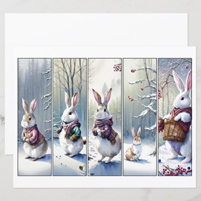 Five whimsical snow bunnies Christmas bookmark set (Front/Back)