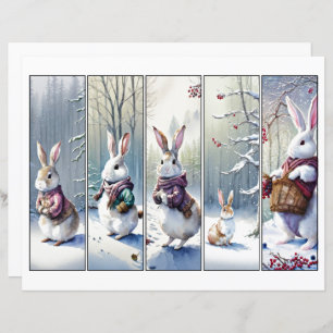 Five whimsical snow bunnies Christmas bookmark set