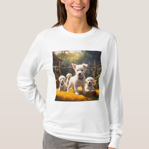 Five white puppies playing with a chicken T_Shirt