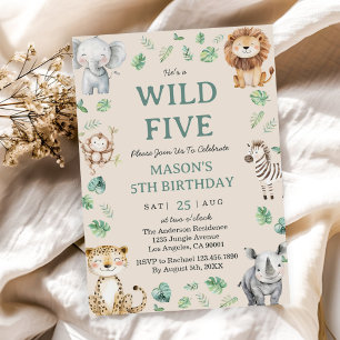 Five Wild Jungle Safari Animals 5th Birthday Theme Invitation