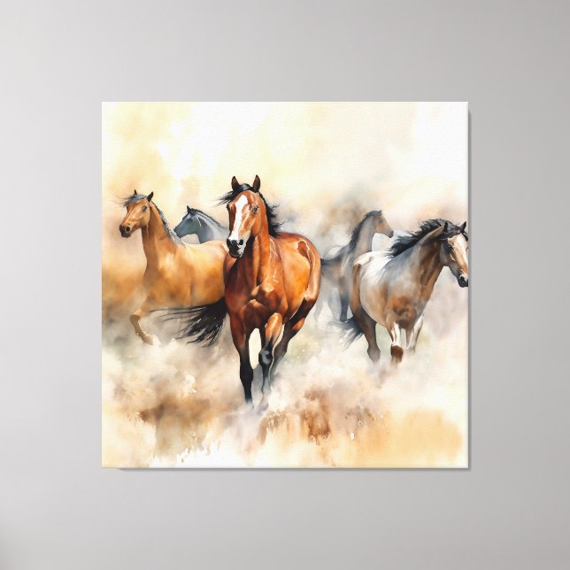 “Five Wild Mustangs” Dusty Western Watercolour Canvas Print (Front)