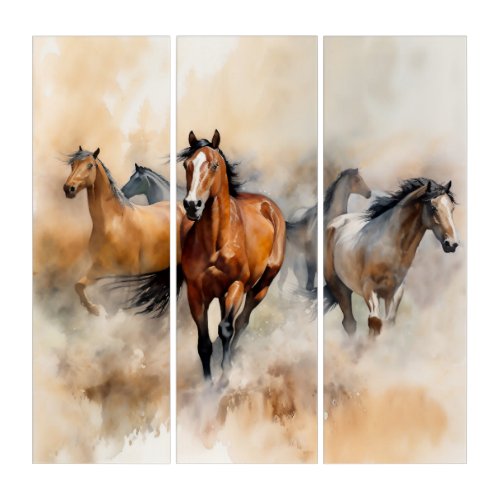 âœFive Wild Mustangsâ Dusty Western Watercolour Triptych