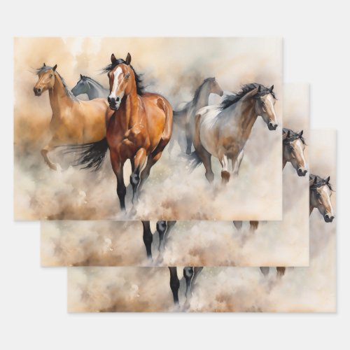 Five Wild Mustangs Dusty Western Watercolour Wrapping Paper Sheets