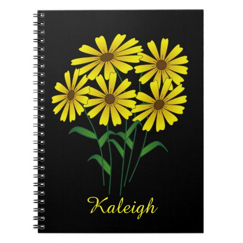 Five Yellow Flowers on Black Personalized Notebook