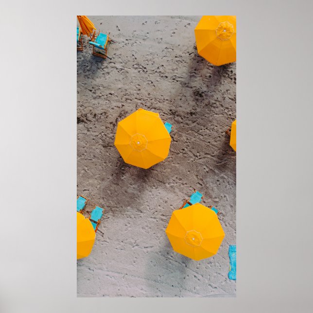 Five yellow umbrellas on sand at daytime poster (Front)