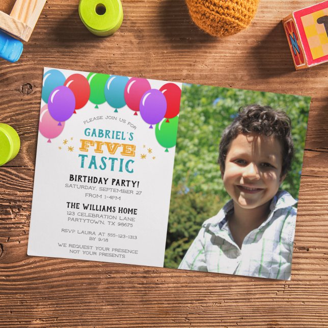 FIVEtastic 5th Birthday Balloon Blue Photo Invitation (Creator Uploaded)