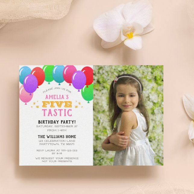 FIVEtastic 5th Birthday Balloon Pink Photo Invitation (Creator Uploaded)