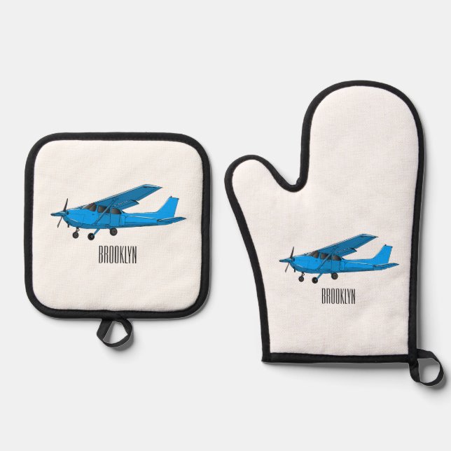 Fixed-wing aircraft cartoon illustration oven mitt & pot holder set (Front)