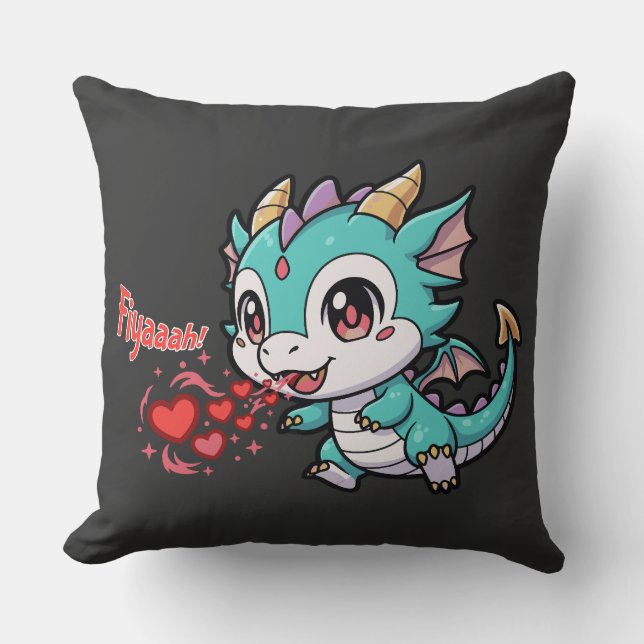 Fiyaaah Cute Baby Dragon Chibi Anime Kawaii Heart Throw Pillow (Front)
