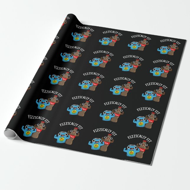 Fizzically Fit Funny Fizzy Cola Pun Dark BG Wrapping Paper (Unrolled)
