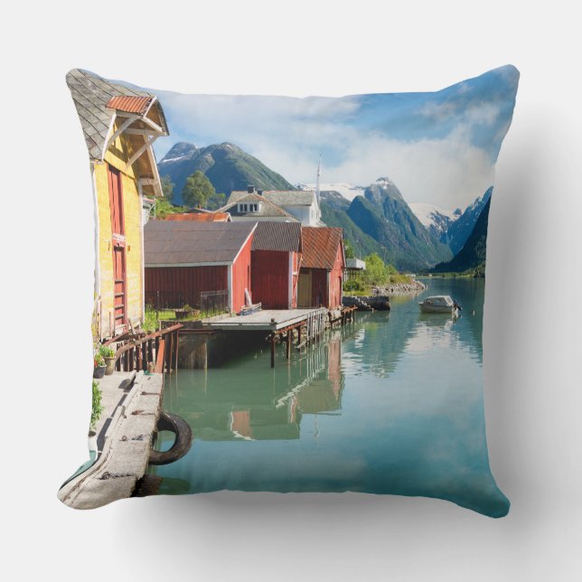 Fjaerlandsfjord fjord landscape in Norway Throw Pillow (Front)