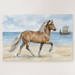 Fjara Icelandic Horse watercolor on the Beach Jigsaw Puzzle
