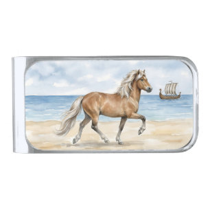 Fjara Icelandic Horse watercolor on the Beach Silver Finish Money Clip