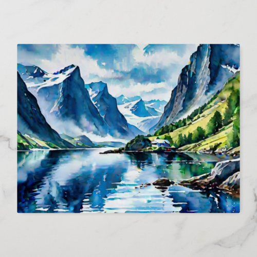 Fjord landscape watercolor painting foil holiday postcard