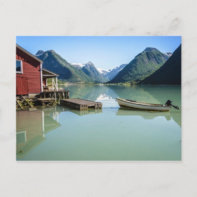 Fjord landscape with boathouse and mountains postcard (Front)