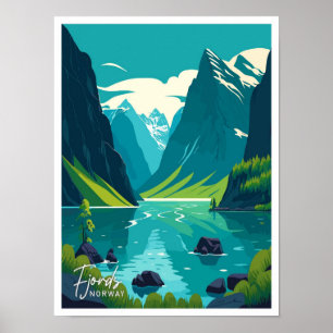 Fjords Norway Art Travel Vintage illustration Poster