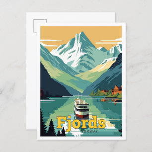 Fjords Norway Travel Art Vintage Illustration Postcard