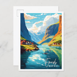 Fjords Norway vintage travel illustration Postcard