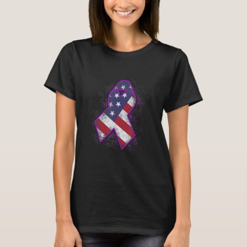 Flag American Alzheimers Awareness Purple Ribbon W T_Shirt