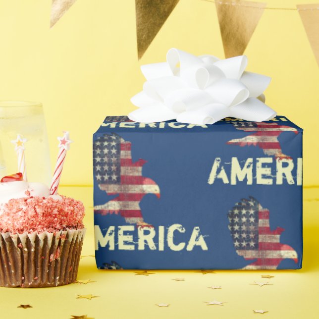 Flag and Bald Eagle with American Text Wrapping Paper (Birthday Party)