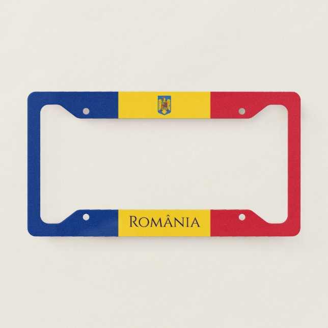 Flag and Coat of Arms of Romania License Plate Frame (Front)