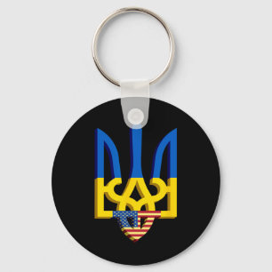 Flag And Coat Of Arms Of Ukraine With American Fla Keychain