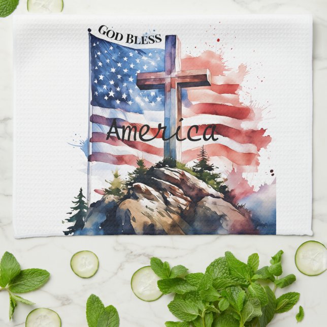 Flag and cross "God Bless America" Kitchen Towel (Folded)