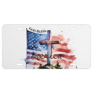 Flag and cross "God Bless America" License Plate