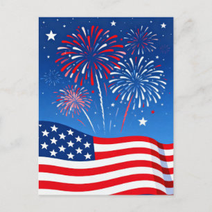 Flag and Fireworks Fourth of July Postcard