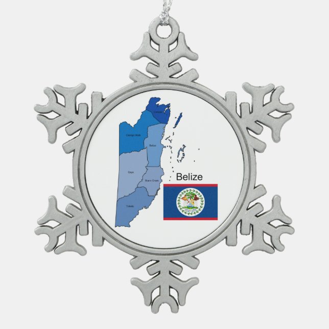 Flag and Map of Belize Snowflake Pewter Christmas Ornament (Front)