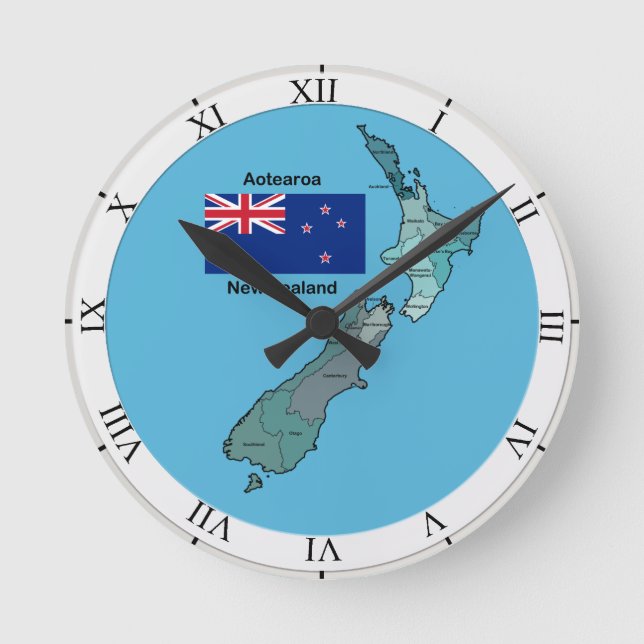 Flag and Map of New Zealand Round Clock (Front)