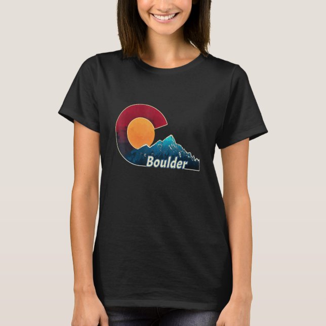 Flag And Mountain Styled Boulder Colorado T-Shirt (Front)