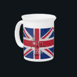 Flag and Symbols of Great Britain ID154 Beverage Pitcher<br><div class="desc">This patriotic design features the flag of Great Britain overlaying images of Big Ben,  London Bridge,  and a double-decker trolley bus...  all with a modern,  distressed effect.</div>