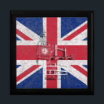 Flag and Symbols of Great Britain ID154 Keepsake Box<br><div class="desc">This patriotic design features the flag of Great Britain overlaying images of Big Ben,  London Bridge,  and a double-decker trolley bus...  all with a modern,  distressed effect.</div>