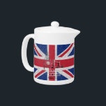 Flag and Symbols of Great Britain ID154 Teapot<br><div class="desc">This patriotic design features the flag of Great Britain overlaying images of Big Ben,  London Bridge,  and a double-decker trolley bus...  all with a modern,  distressed effect.</div>