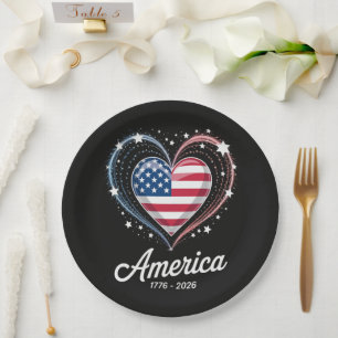 Flag Heart 1776 2026 July 4th 250th Birthday Paper Plates