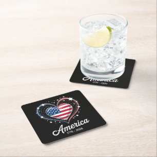 Flag Heart 1776 2026 July 4th 250th Birthday Square Paper Coaster