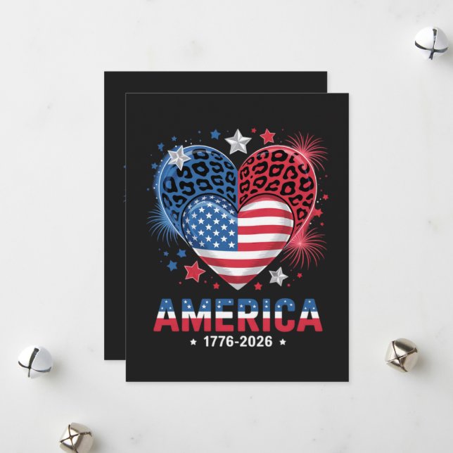 Flag Heart Leopard 1776 2026 July 4th  Holiday Card (Front/Back In Situ)