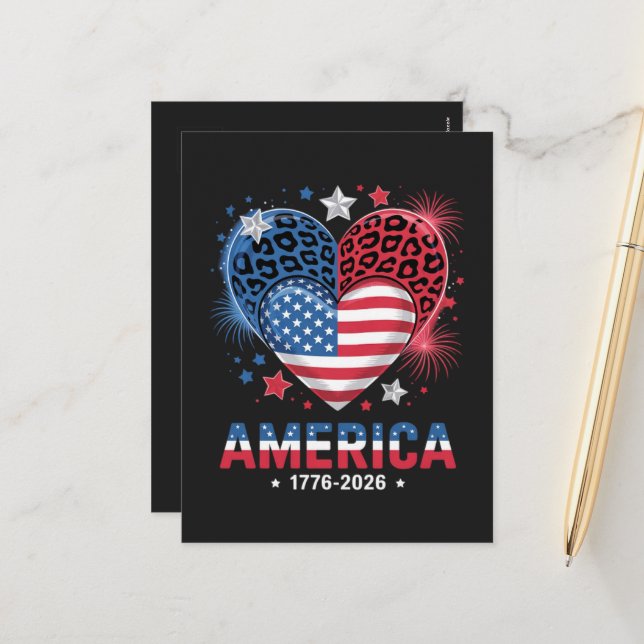 Flag Heart Leopard 1776 2026 July 4th  Holiday Postcard (Front/Back In Situ)