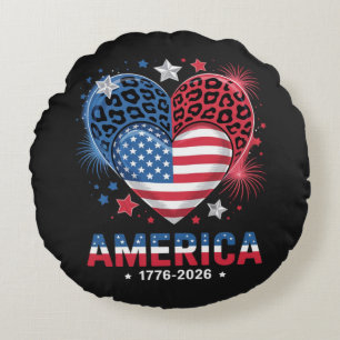 Flag Heart Leopard 1776 2026 July 4th Round Pillow