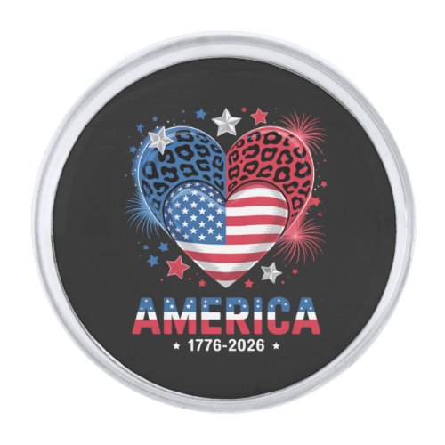 Flag Heart Leopard 1776 2026 July 4th  Silver Finish Lapel Pin