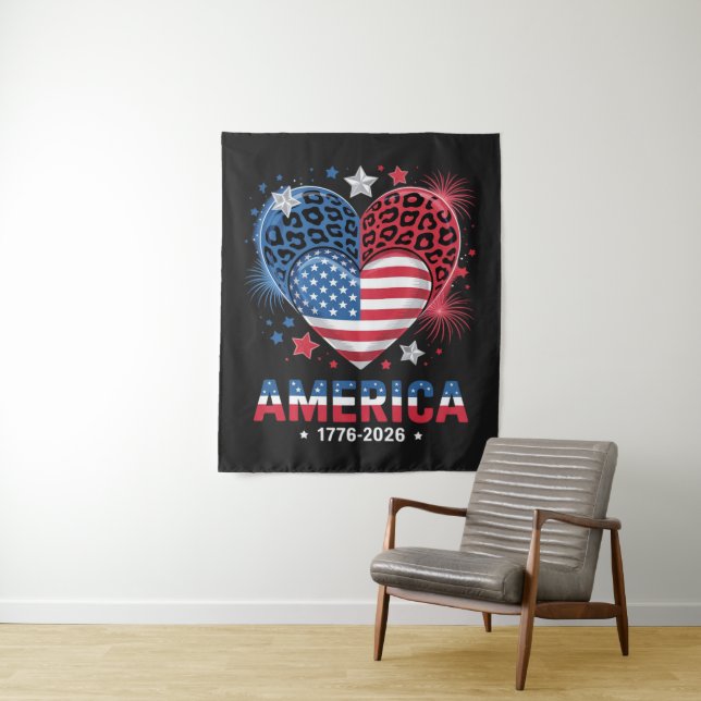 Flag Heart Leopard 1776 2026 July 4th Tapestry (In Situ)