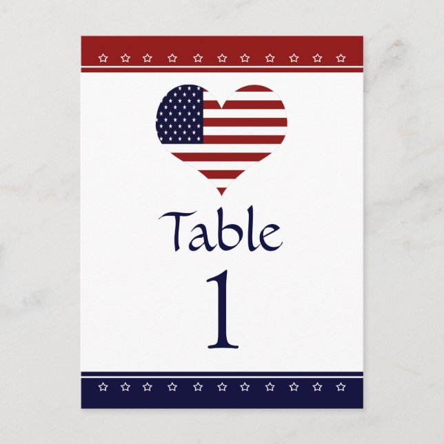 Flag Heart Patriotic Party Table Number Cards (Front)