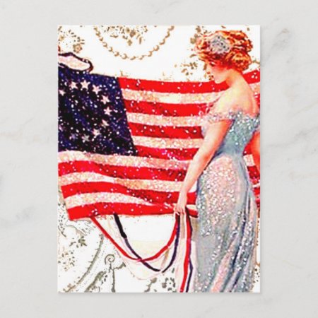 Flag Lady 4th July Patriotic Vintage Postcard Art