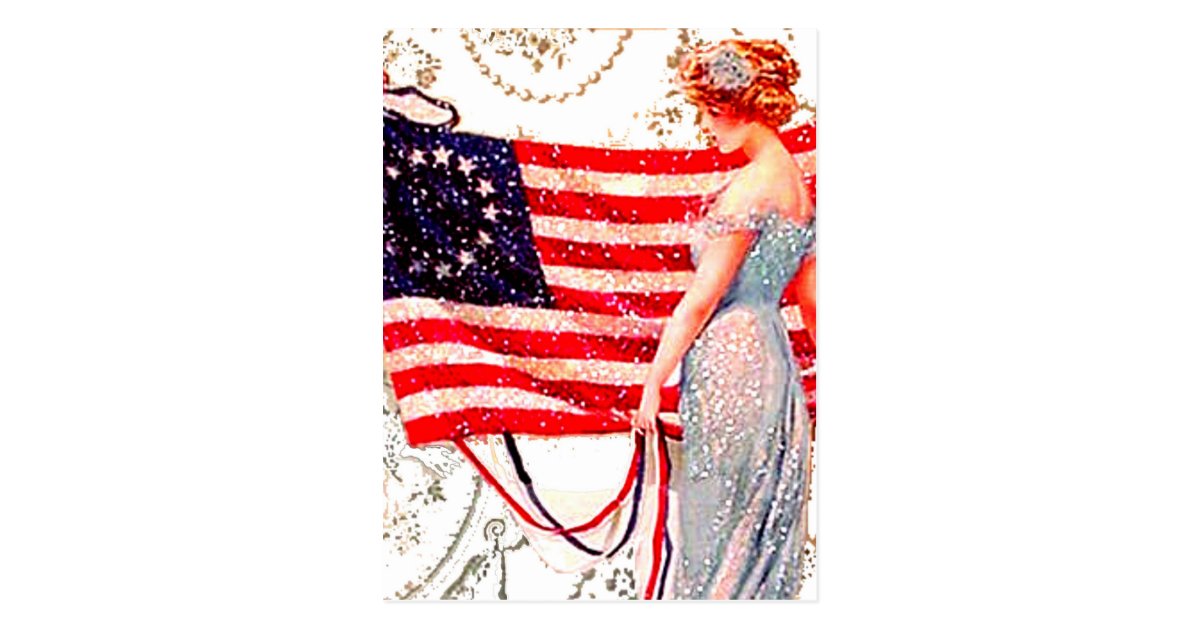 Flag Lady 4th July Patriotic Vintage Postcard Art | Zazzle.com