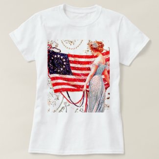 Flag Lady July 4th Vintage Patriotic Postcard Art T-Shirt