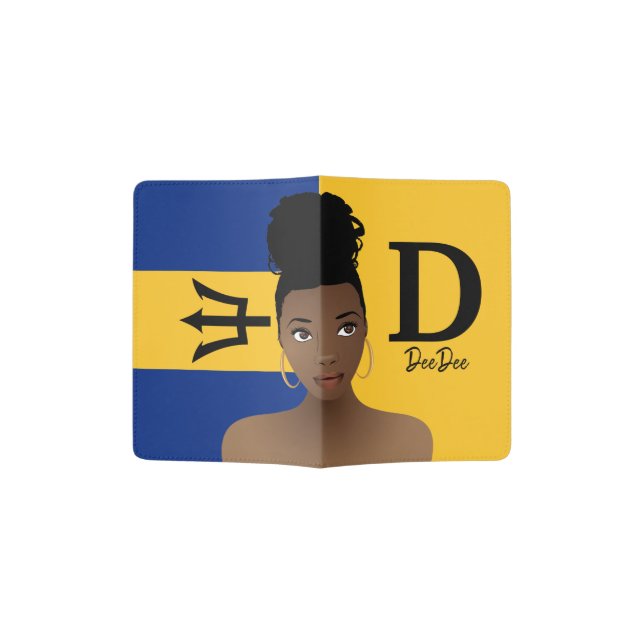 Flag of Barbados, Black Woman, Your Name Passport Holder (Opened)