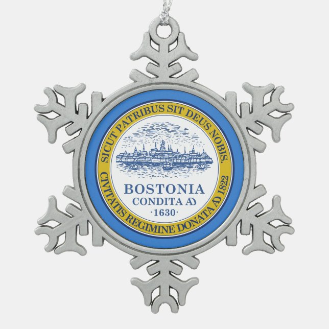 Flag of Boston, Massachusetts Snowflake Pewter Christmas Ornament (Front)